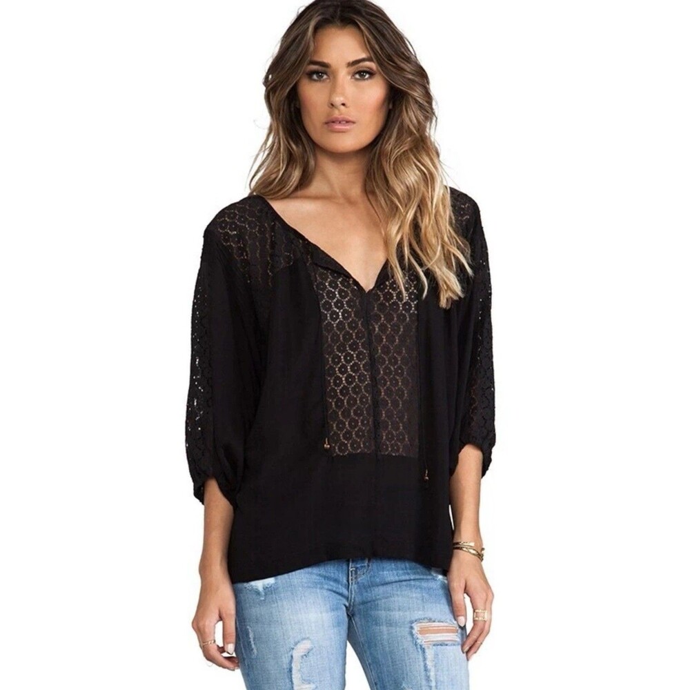 Free People Moon River Easy Top Size Small Black Daisy Lace Peasant Blouse